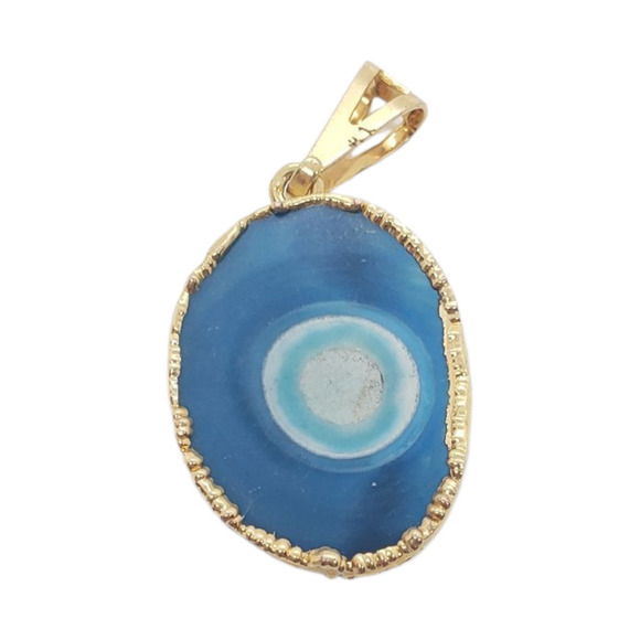 Blue Agate Druzy Slice Pendant Dipped in Real Gold Oval Natural Gemstone - Picture 3 of 9